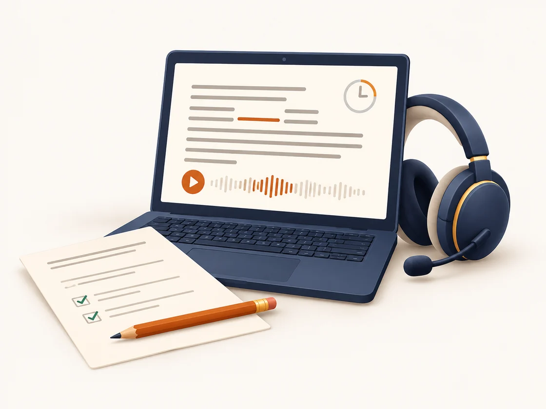 English exam practice on a laptop with a timed exercise, audio headset and checked answers.